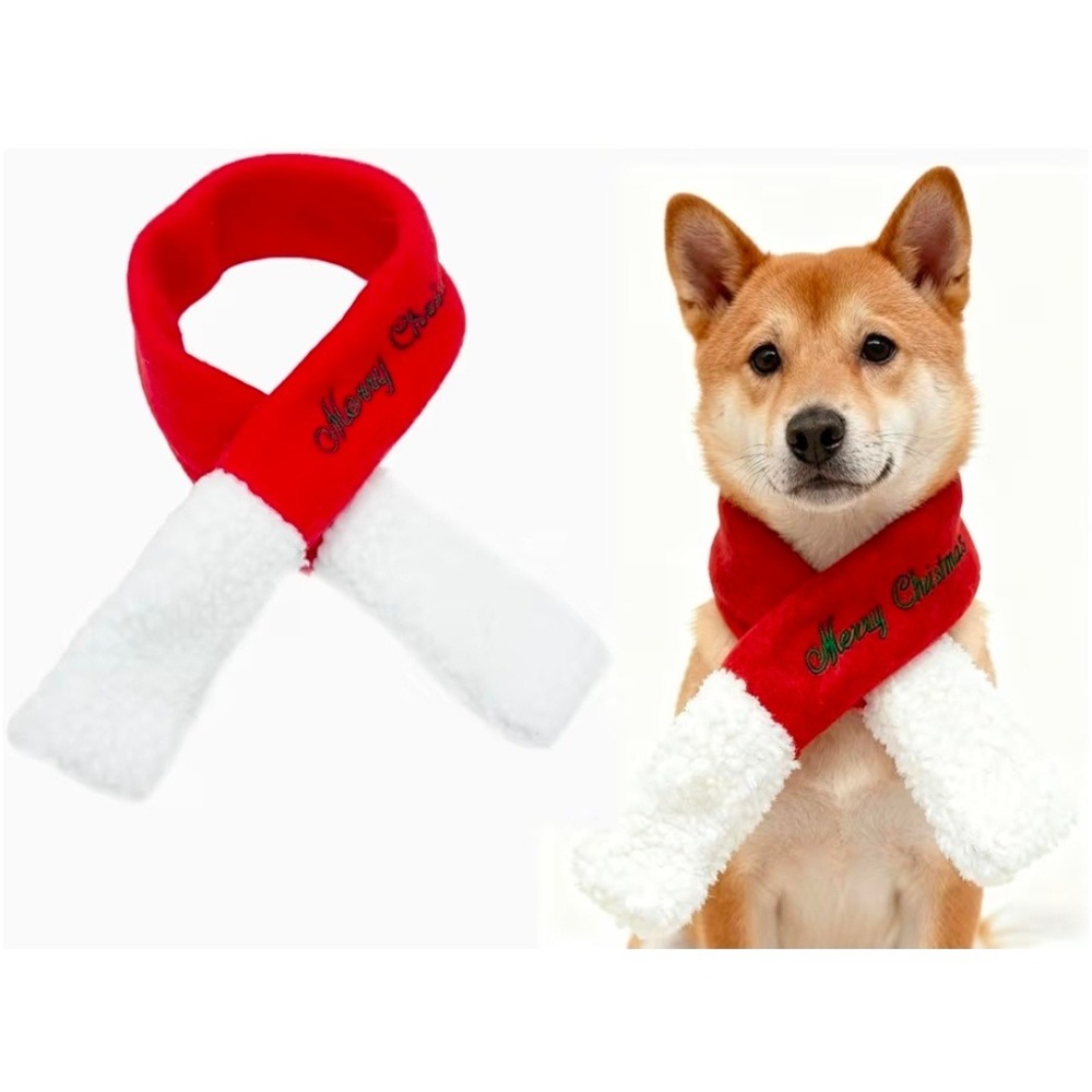 Merry Christmas Red Fleece Pet Scarf White Faux Fur Trim Hook Loop Large